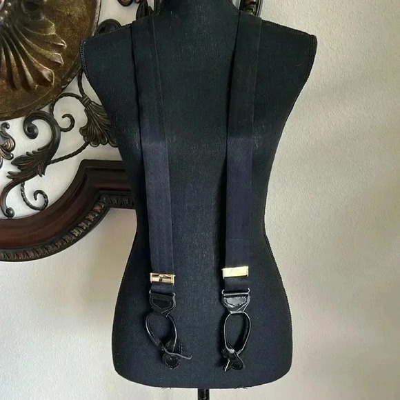 Suspenders 100% Silk Black Made in England Patent Leather with Gold Hardware - Picture 2 of 14